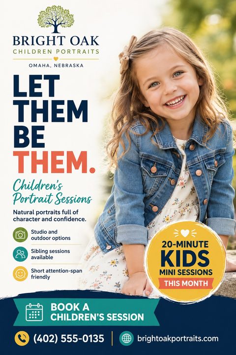 Flyer for Bright Oak Children Portraits advertising 20-minute kids mini sessions this month. Features a large photo of a smiling young girl in a denim jacket. Text reads 'Let them be them. Children's Portrait Sessions.' Includes icons for.