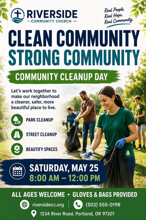Flyer for a Community Cleanup Day. Headline reads 'Clean Community Strong Community'. Shows a photo of volunteers picking up trash in a park. Includes icons for park cleanup, street cleanup, and beautify spaces, along with event date, time, and.