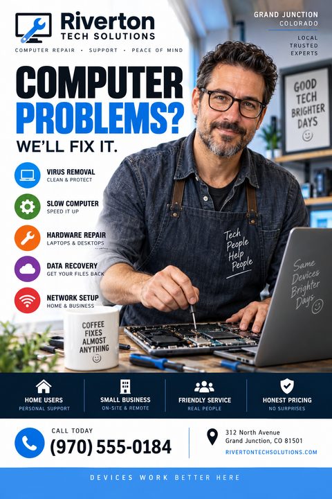 Computer repair flyer template featuring a friendly male technician working on a laptop motherboard. Bold text reads 'Computer Problems? We'll fix it.' with a list of services like virus removal and hardware repair.