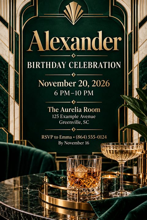 Elegant Art Deco birthday invitation featuring a dark emerald green background with gold geometric borders. The bottom displays a gold tray with whiskey and champagne glasses.