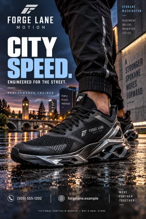A person wearing black and silver athletic shoes stands on a wet surface with a city skyline at twilight in the background. Bold text reads 'CITY SPEED. ENGINEERED FOR THE STREET.'