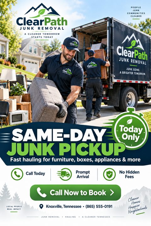 Flyer for a junk removal service. Top half shows two men loading furniture into a branded box truck. Large text reads 'Same-Day Junk Pickup'. Bottom half lists benefits like 'Prompt Arrival' and 'No Hidden Fees' with a 'Call Now to Book' button.