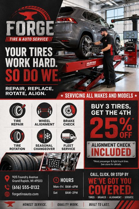 Flyer for Forge Tire & Auto Service featuring a mechanic working on a car on a lift, service icons, and a 'Buy 3 Tires, Get the 4th 25% Off' promotion.
