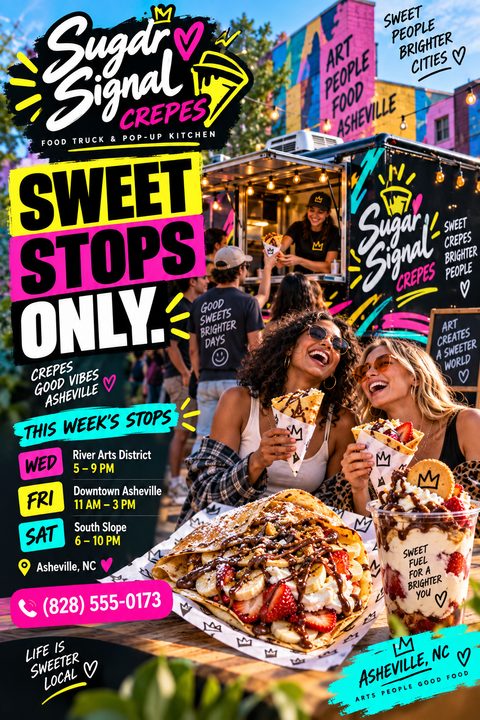 A vibrant food truck flyer featuring a decadent crepe in the foreground. Two women laugh while eating crepes near a black food truck. Bold neon pink, yellow, and cyan text lists weekly stops.
