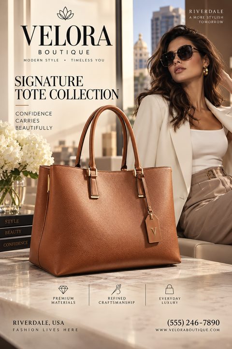 A fashion boutique flyer featuring a large brown leather tote bag on a marble table. A woman in a white blazer and sunglasses sits in the background. Text reads 'Velora Boutique, Signature Tote Collection'.