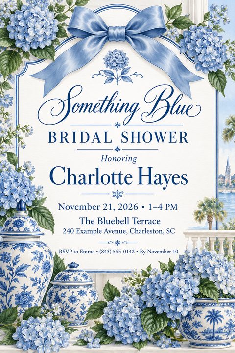A bridal shower invitation with a white background, framed by blue hydrangeas, green leaves, a blue ribbon bow at the top, and blue-and-white ginger jars at the bottom. The text is in elegant blue fonts.