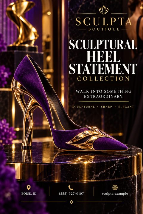 A luxurious flyer featuring a purple velvet high heel shoe with intricate gold sculptural details on a black marble pedestal. Text reads 'Sculpta Boutique, Sculptural Heel Statement Collection'.