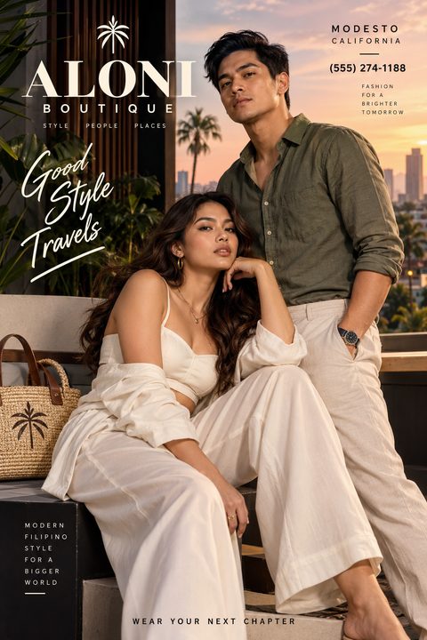 A fashion boutique flyer featuring a man and a woman in stylish, relaxed clothing posing on a balcony at sunset. The text reads 'Aloni Boutique', 'Good Style Travels', and 'Modern Filipino Style'.
