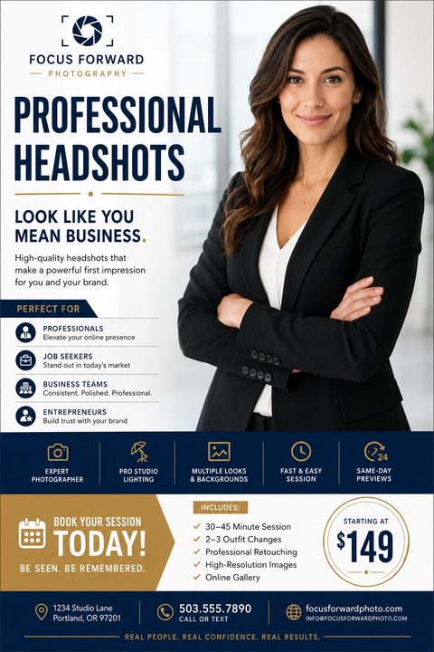 Flyer for professional headshots featuring a woman in a business suit, listing services for professionals, job seekers, business teams, and entrepreneurs, with pricing starting at $149.
