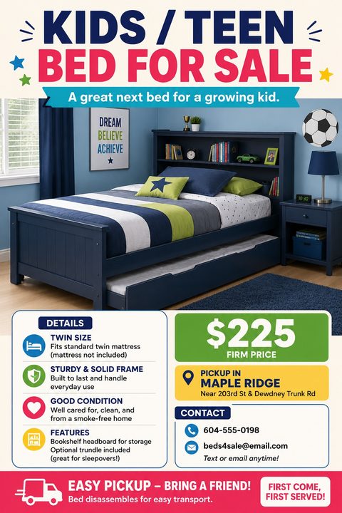 A colorful flyer for a kids or teen bed sale. It features a large photo of a blue twin bed with a trundle, bold pricing in a green box, and organized details with icons.