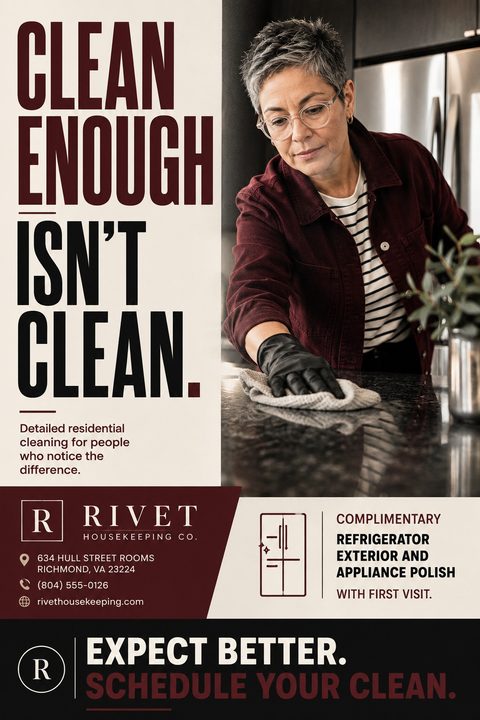 A residential cleaning flyer featuring a large photo of a woman wiping a countertop. Bold burgundy and black text reads 'Clean enough isn't clean.' Includes a special offer section and contact details.