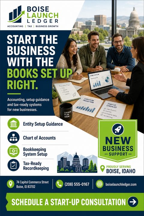 Flyer for Boise Launch Ledger offering accounting, tax, and business growth services. Features a photo of a team meeting, a list of services like entity setup and bookkeeping, and contact information.