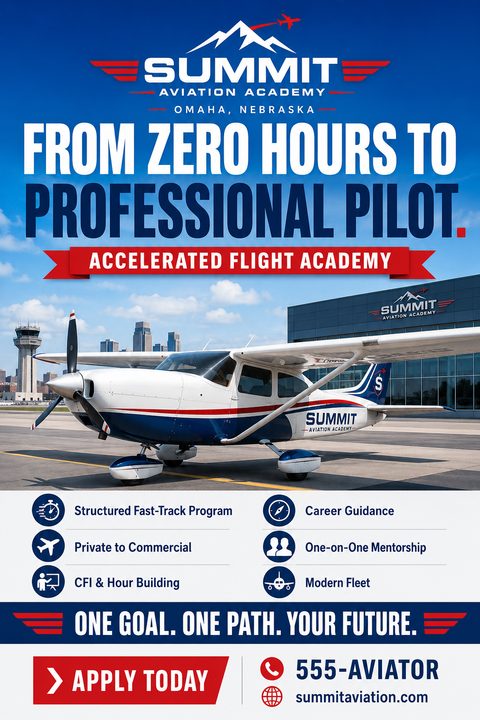 A flight school flyer featuring a small white, blue, and red airplane on a tarmac. Bold blue text reads 'From zero hours to professional pilot' above feature icons.