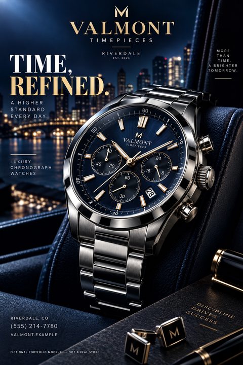 A luxury watch flyer featuring a large, detailed image of a silver chronograph watch with a blue face, set against a blurred nighttime city skyline. The text is elegant and gold.