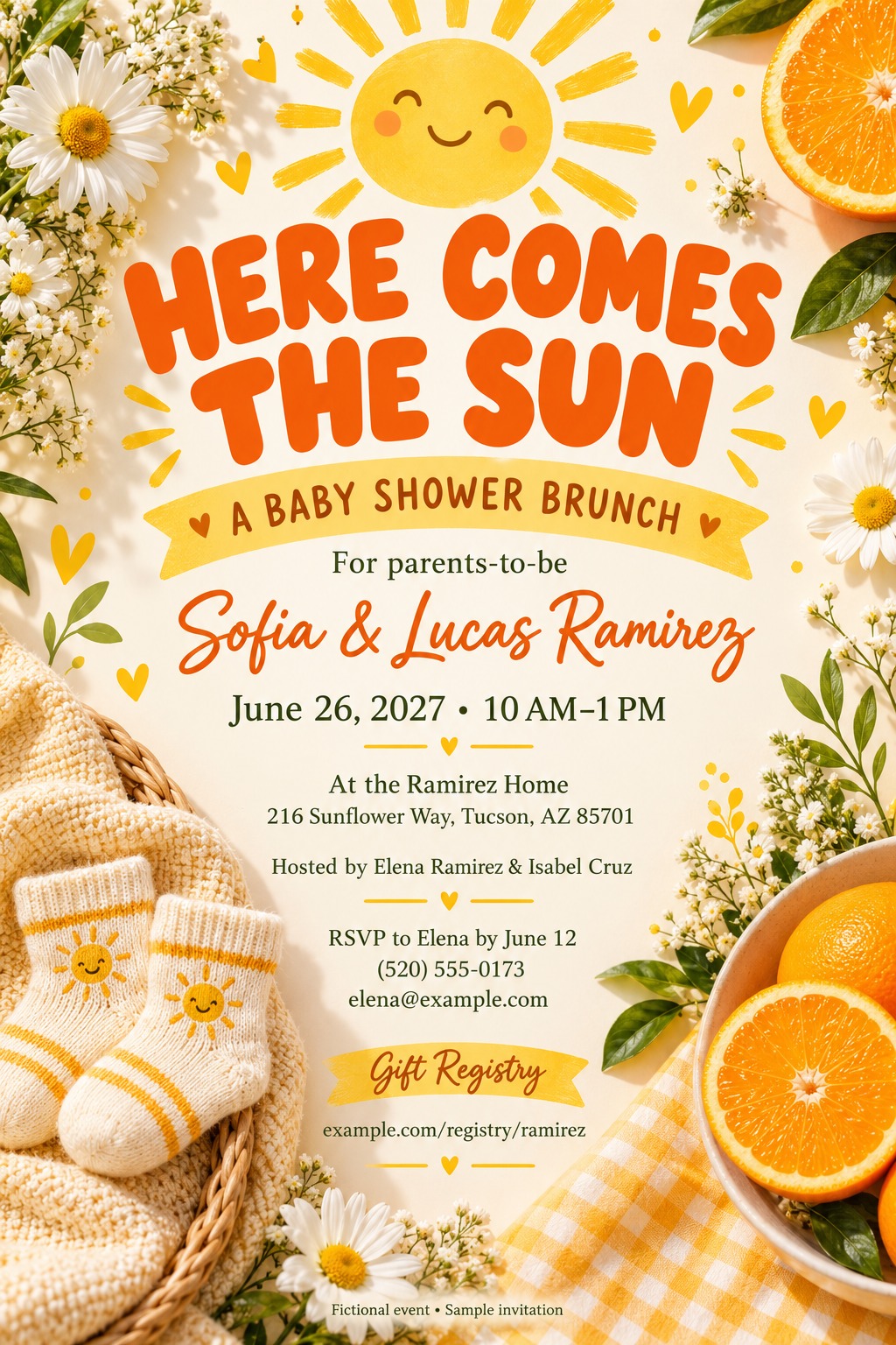 A baby shower invitation flyer with a smiling sun illustration at the top. The text reads 'Here Comes the Sun, A Baby Shower Brunch'. The design includes oranges, daisies, and baby socks with suns on them.