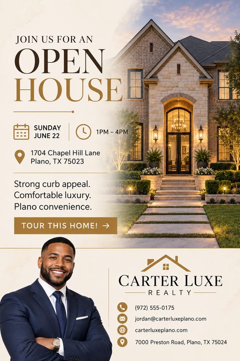 Real estate open house flyer with a large photo of a luxury stone house blending into a cream background. Features gold text, event details, and a realtor headshot at the bottom.