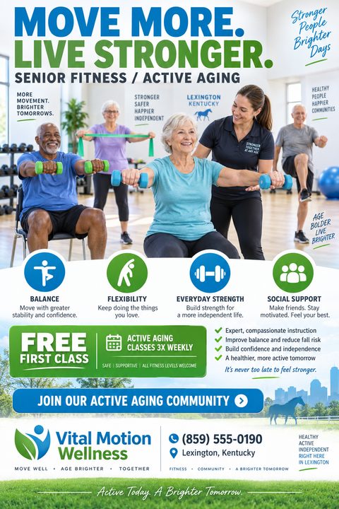A bright flyer for senior fitness classes featuring a photo of older adults exercising with dumbbells and a trainer. It includes blue and green text, benefit icons, and a Free First Class offer.