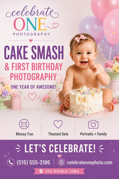 Flyer for Cake Smash & First Birthday Photography featuring a smiling baby with frosting on their face sitting next to a smashed cake, with pastel balloons in the background.