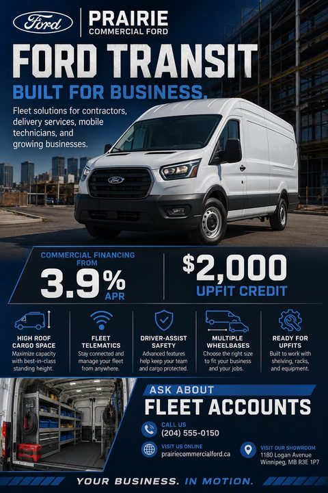 A commercial vehicle sales flyer featuring a white cargo van parked in front of a city skyline. The flyer highlights financing rates, upfit credits, and key features like high roof cargo space and fleet telematics.