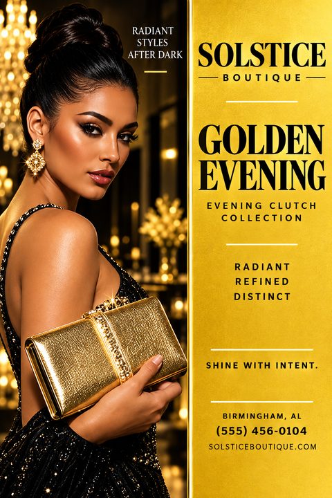 A flyer for a boutique featuring a woman in a black dress holding a gold clutch purse against a dark, elegant background. The right side has a gold panel with black text.