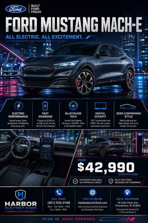 A dark, modern car dealership flyer featuring a sleek electric SUV at night, with neon blue and pink accents. It includes sections for vehicle features, interior photos, pricing, and dealership contact information.