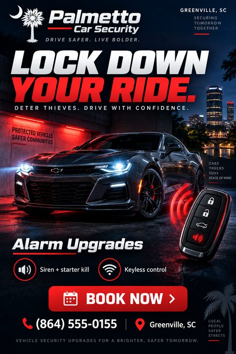 A dark, sleek flyer for car security services featuring a black sports car parked at night with glowing headlights, a key fob with red signal waves, and bold red and white text.