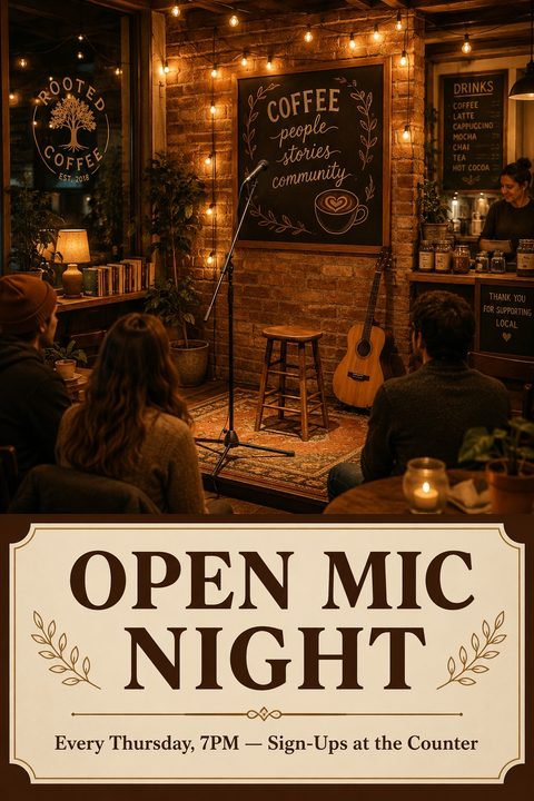 A flyer for an Open Mic Night featuring a photo of a cozy, dimly lit cafe with a small stage, microphone, stool, and guitar. The text below reads 'OPEN MIC NIGHT' in large, bold letters, with details 'Every Thursday, 7PM - Sign-Ups at the Counter'.