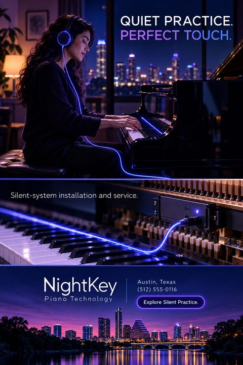 A flyer for piano silent-system installation featuring a woman playing a grand piano with headphones at night, a close-up of the silent mechanism, and a neon-lit city skyline. Dark background with blue and purple accents.
