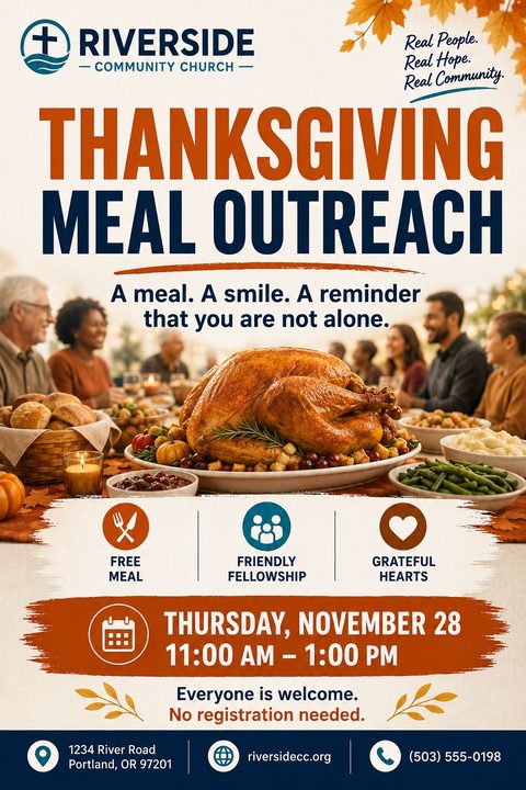 Flyer for a Thanksgiving Meal Outreach event featuring a large roasted turkey on a table surrounded by people, with event details and icons for free meal, friendly fellowship, and grateful hearts.