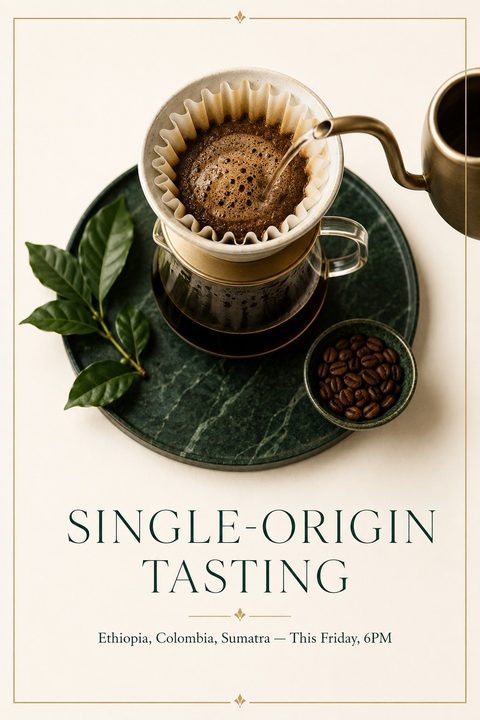 A flyer for a Single-Origin Tasting event featuring a top-down view of hot water being poured from a gooseneck kettle into a pour-over coffee maker on a green marble tray, alongside coffee beans and leaves.