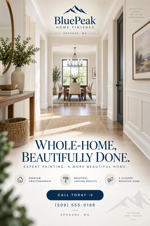 A flyer for a painting company featuring a large photo of a bright, beautifully painted home interior hallway. Below the photo is navy blue text highlighting expert painting services and contact information.