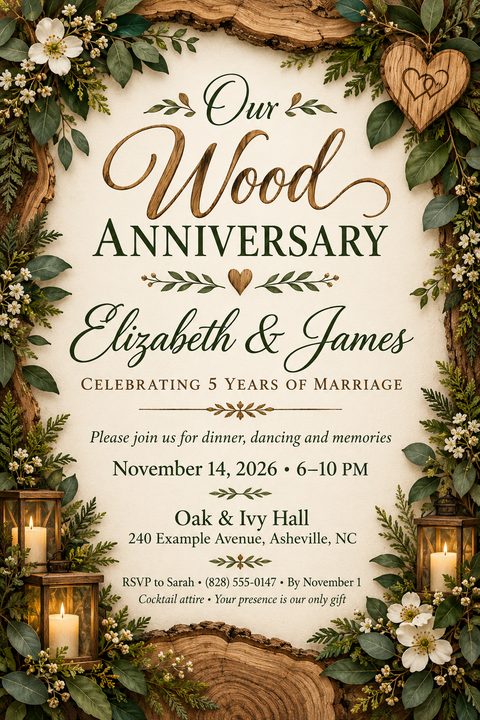 Rustic anniversary invitation with a border of natural wood bark, green leaves, white flowers, and lit lanterns. The text reads 'Our Wood Anniversary, Elizabeth & James, Celebrating 5 Years of Marriage' with event details below.