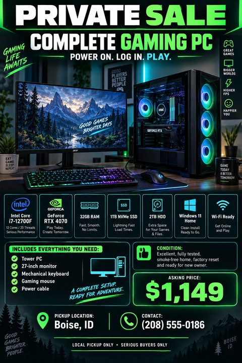Flyer for a private sale of a complete gaming PC. Features a large photo of a gaming setup with neon lights, followed by boxes detailing specs like processor, graphics card, RAM, and storage. Includes a section for included items, condition, asking.