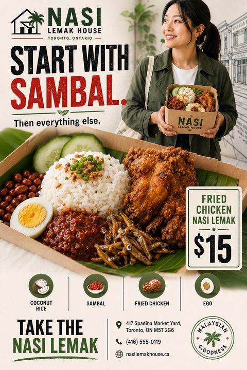 A takeaway restaurant flyer featuring a large photo of Nasi Lemak with fried chicken in a cardboard box, a smiling customer, ingredient icons, and bold red and green typography on a cream background.