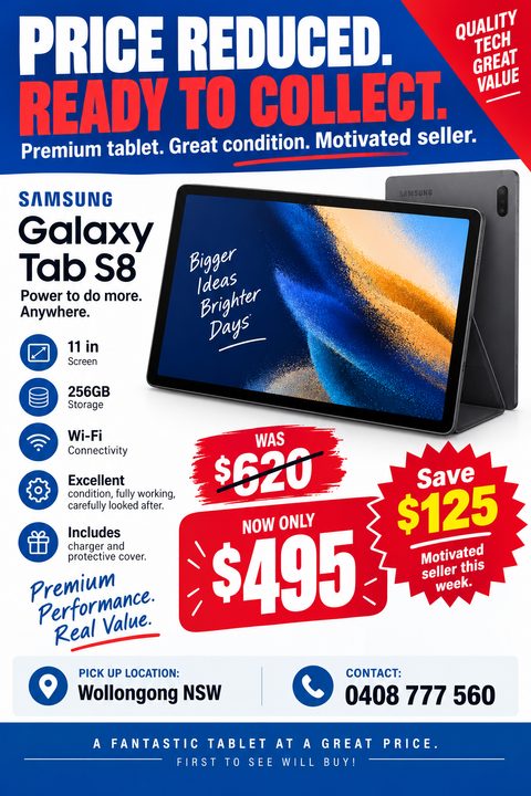 Flyer template for selling a tablet. Bold blue and red header reads 'Price Reduced. Ready to Collect.' Features a large image of a tablet, bullet points for specs, and a prominent red price tag showing a discount.