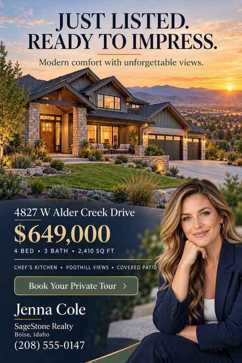 A real estate just-listed flyer featuring a large photo of a modern house at sunset. The bottom half is navy blue with gold text detailing the price, address, and a real estate agent's portrait.