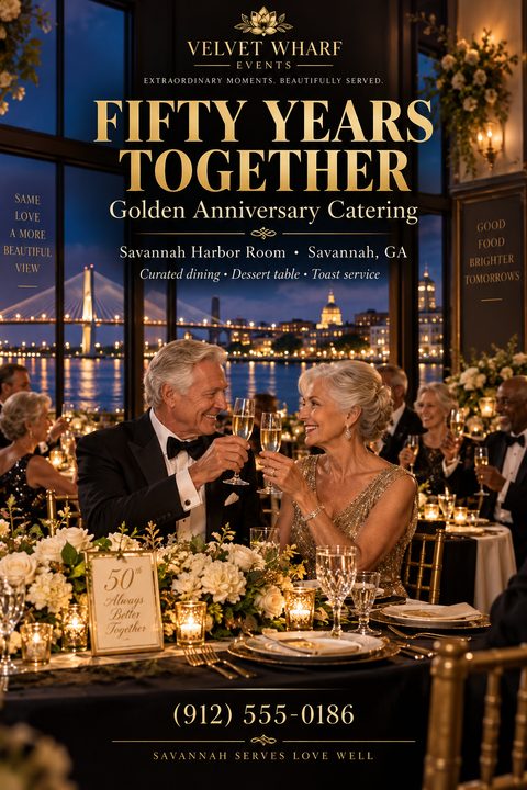 A flyer for Velvet Wharf Events advertising Golden Anniversary Catering. An older couple toasts with champagne at a formal dinner with a city skyline view at night. Text reads 'Fifty Years Together' in large gold letters.