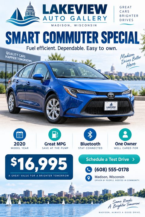 Car dealership flyer template featuring a large photo of a blue sedan, with icons highlighting features like model year, MPG, Bluetooth, and one owner, along with a prominent price and contact details.