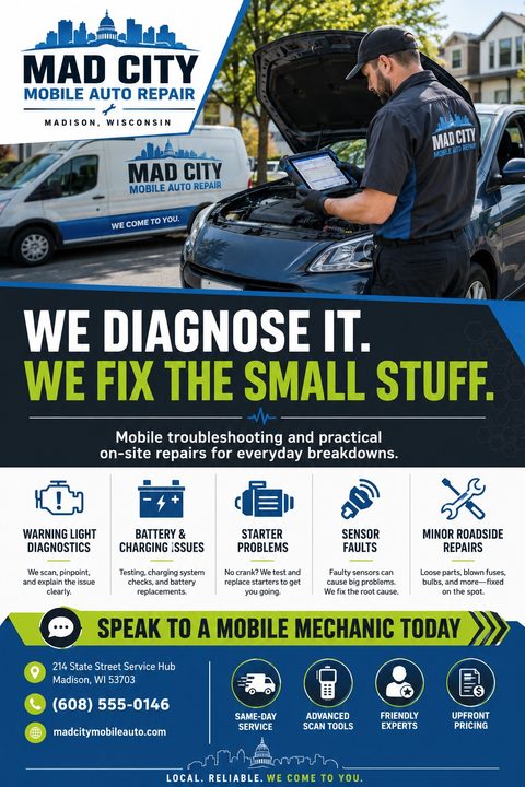 A flyer for a mobile auto repair business. The top half features a photo of a mechanic using a diagnostic tablet on a car with its hood open, next to a branded van. The bottom half lists services with icons and contact information.