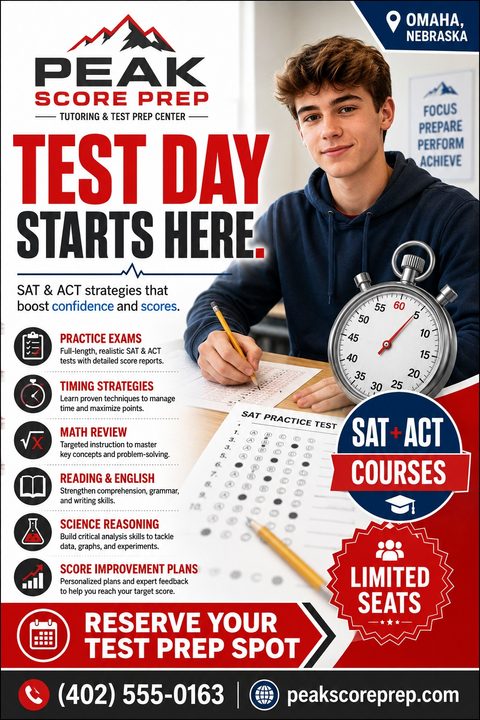 Flyer for Peak Score Prep Tutoring & Test Prep Center. Features a photo of a smiling male student taking a test, a large stopwatch graphic, and a list of services like practice exams and math review.