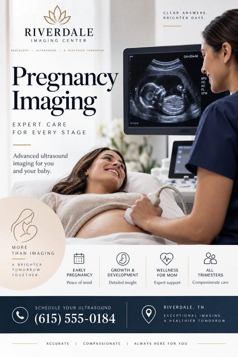 A flyer for Riverdale Imaging Center promoting Pregnancy Imaging. It features a photo of a smiling pregnant woman getting an ultrasound from a technician, with the ultrasound screen visible. Below are icons for early pregnancy, growth & development.