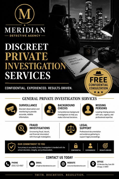 Flyer for private investigation services featuring a black and white photo of a detective looking out a window at a city skyline, with gold text and icons detailing services like surveillance and background checks.