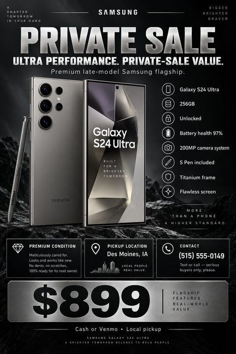 A sleek, dark flyer with metallic silver accents advertising a private sale for a smartphone. It features a large image of a phone, a list of specs, condition details, pickup location, contact info, and a large price tag.