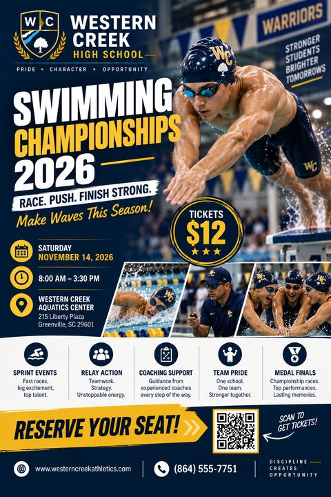 Flyer for Western Creek High School Swimming Championships 2026. Features a large photo of a male swimmer diving off a block, smaller photos of swimmers and a coach, event details, ticket price of $12, and a QR code to reserve seats.