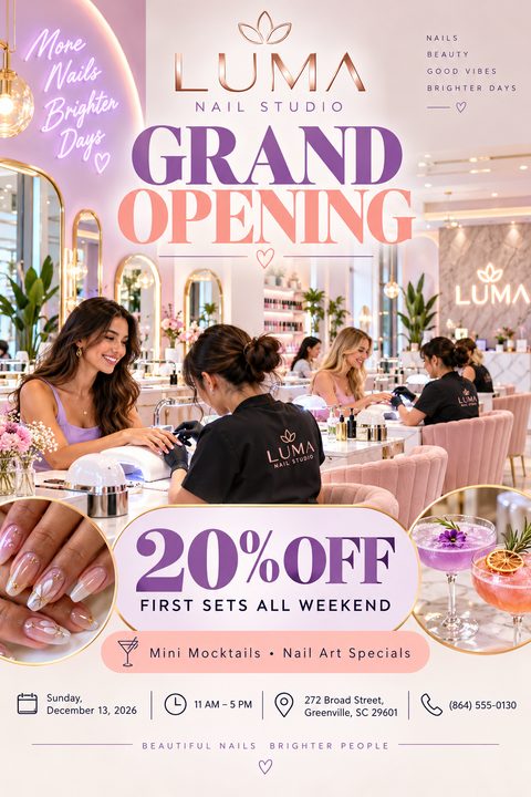 A grand opening flyer for a nail studio featuring a large photo of a woman getting a manicure in a bright, modern salon. Smaller inset photos show detailed nail art and colorful mocktails. The text highlights a 20% off discount.