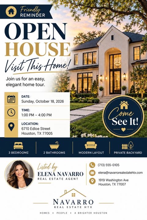 Real estate open house flyer with a large photo of a modern white house with black trim. Text reads 'Friendly Reminder, Open House, Visit This Home!' with date, time, and location details. Includes property features, agent photo, and contact.