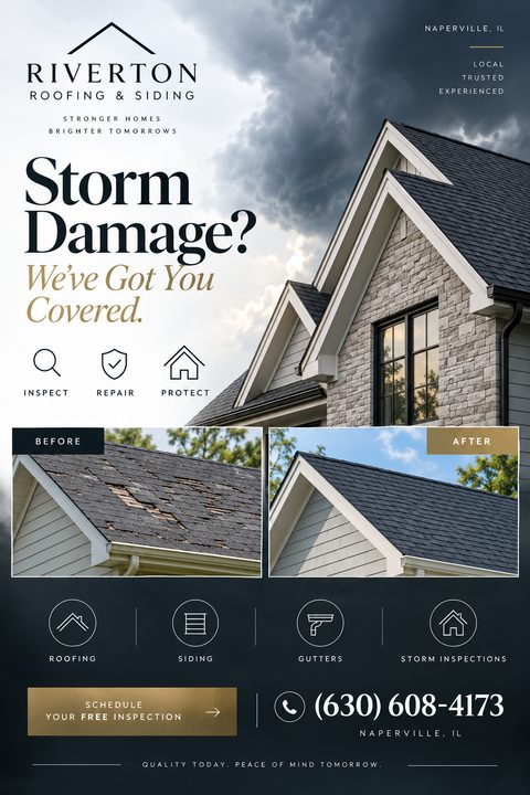 Roofing flyer template with a dramatic stormy sky over a house, text reading 'Storm Damage? We've Got You Covered', before and after photos of a damaged roof, and icons for roofing, siding, gutters, and storm inspections.
