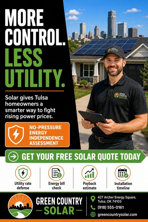 A bold solar energy flyer featuring a smiling technician holding a tablet in front of a solar-powered home. It includes a black sidebar with green text, service icons, and contact information.