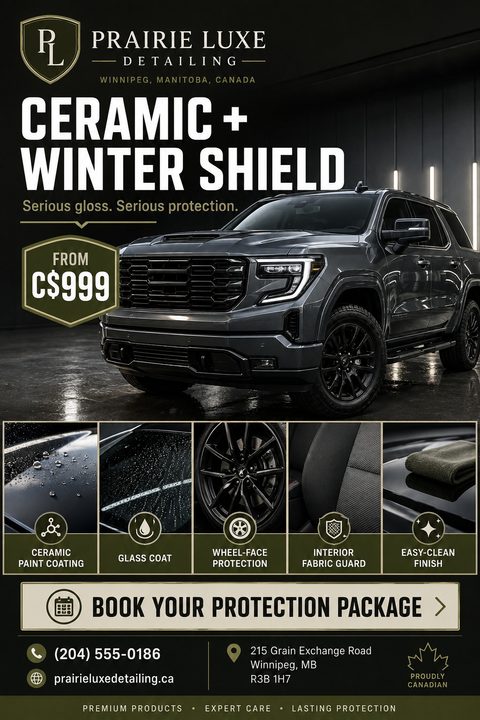 A dark-themed auto detailing flyer featuring a glossy grey SUV. Below are five smaller photos highlighting ceramic coating, glass coat, wheel protection, and interior fabric guard, accented with olive green and gold text.