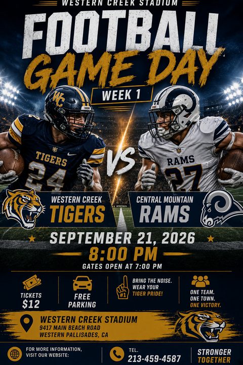 A dramatic football game day flyer featuring two opposing players facing off against a stadium background. Bold text reads 'Football Game Day' with team logos, date, time, and ticket information below.